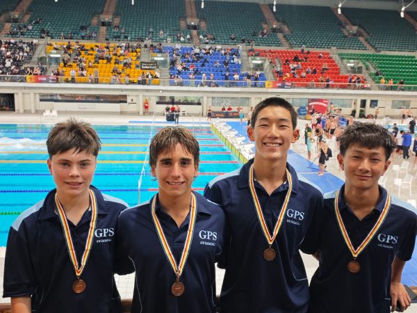 The 4x50m (200m) freestyle relay AAGPS record breaking team: Boston Sweeny (Year 8), Lewis Jewel (Year 8), Dylan Xie (Year 9) and Terrance Zhong (Year 9).